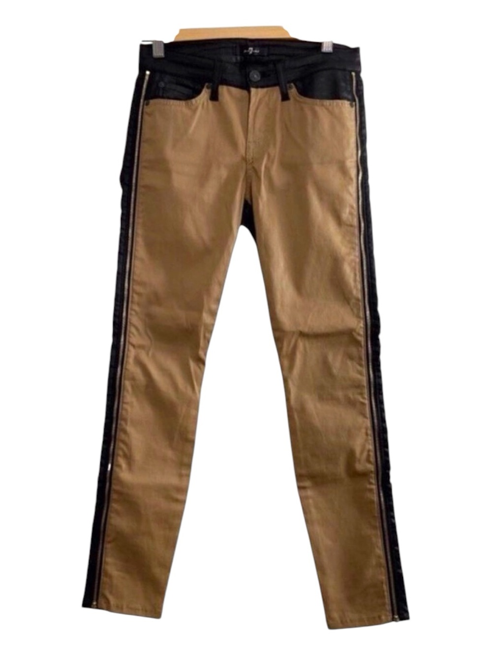 7 for all Mankind beige faux leather jeans pants neutral black camel zippers 25